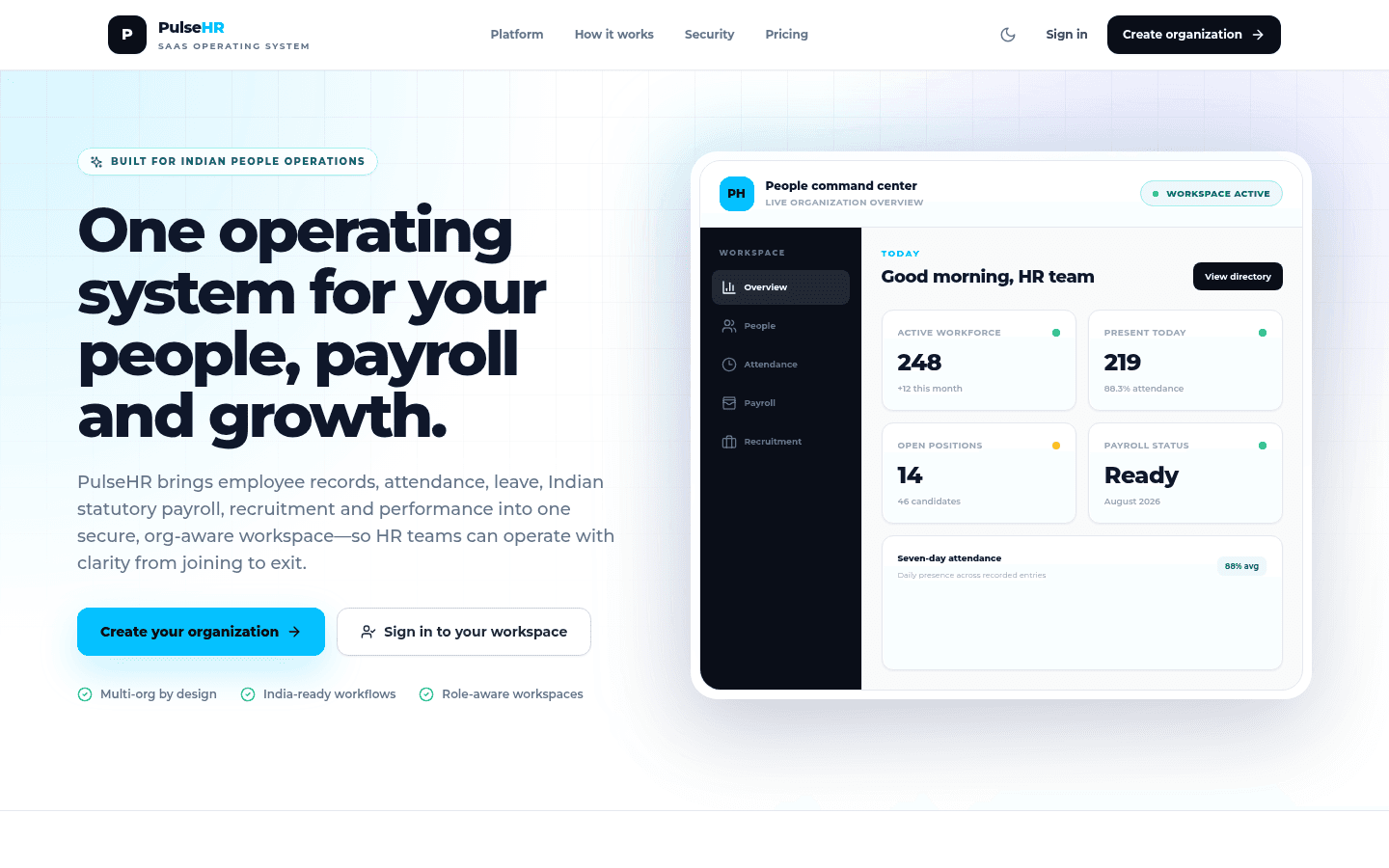 PulseHR homepage screenshot